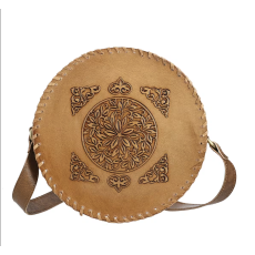 Tan Flower Pattern Genuine Leather Round Embossed Sling Bag with Adjustable Shoulder Strap
