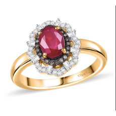 D'Joy Premium Mozambique Ruby, Natural Champagne and White Diamond 1.35 ctw Regal Bloom Ring in 18K Vermeil Yellow Gold Over Sterling Silver